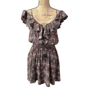 American Eagle Mini Dress Floral Print Ruffle Neck Tassel Detail Black Size XS